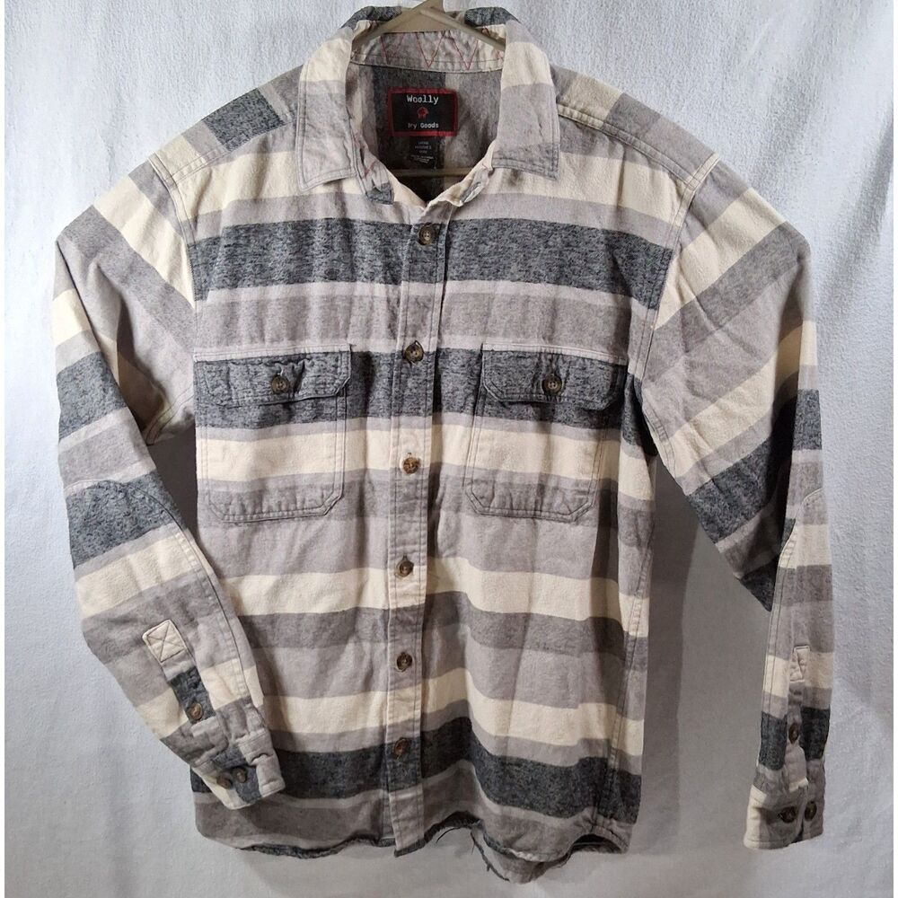Woolly Dry Goods Mens M Flannel Gray Striped Long Sleeve Elbow Patch Gorpcore